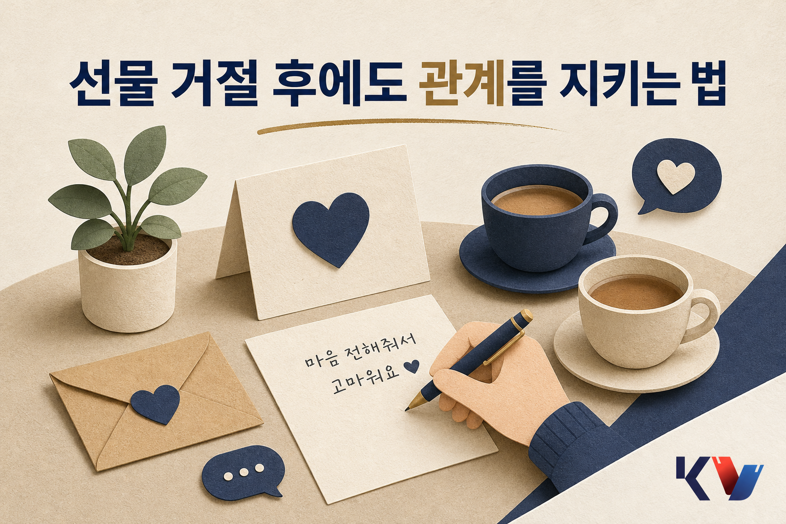 작은 테이블에서 손글씨 감사 카드를 적으며 선물 거절 뒤의 마음을 전하는 장면