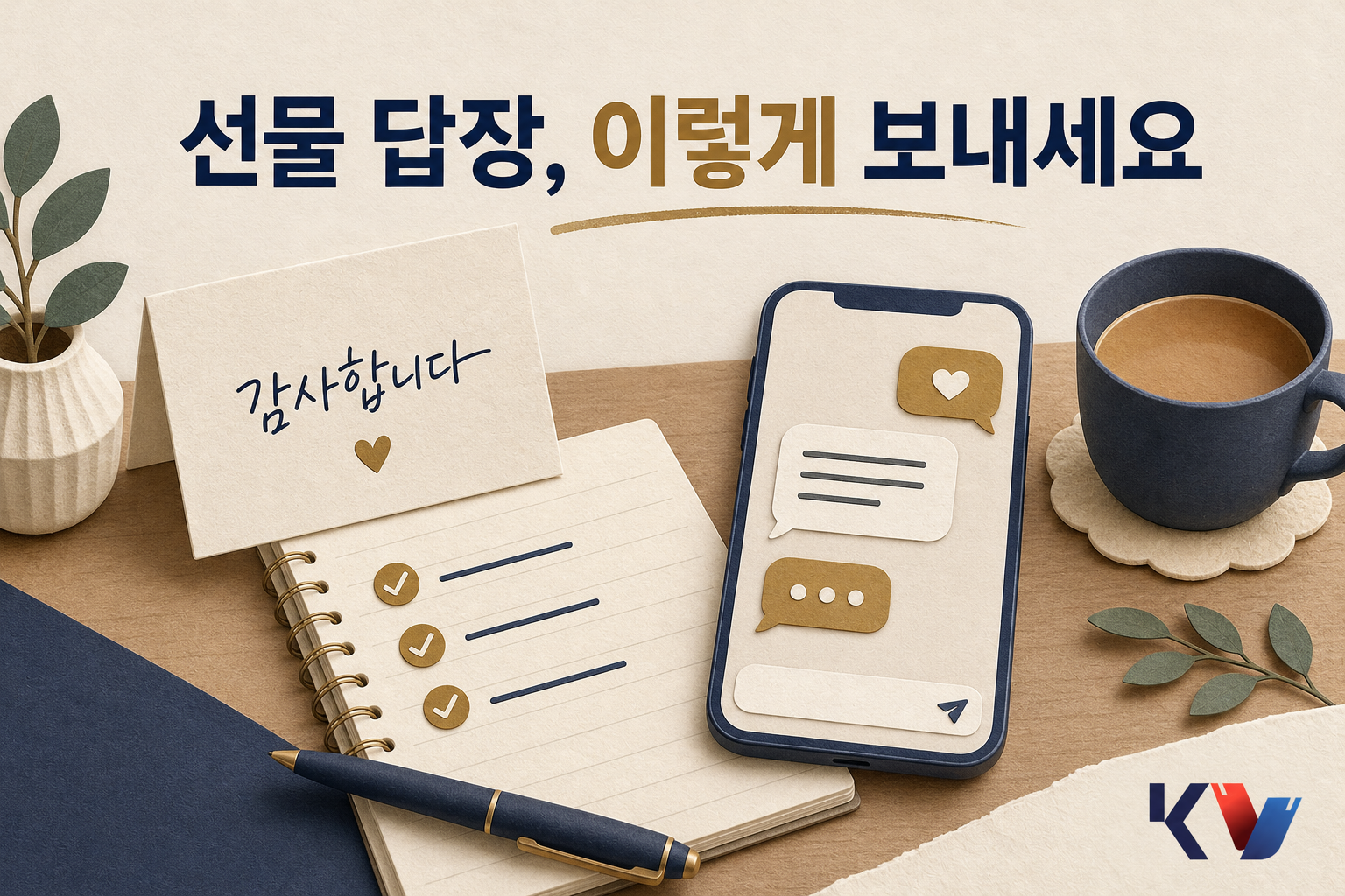작은 테이블 위에서 감사 카드와 메시지 초안을 함께 정리하며 선물 답장을 준비하는 모습