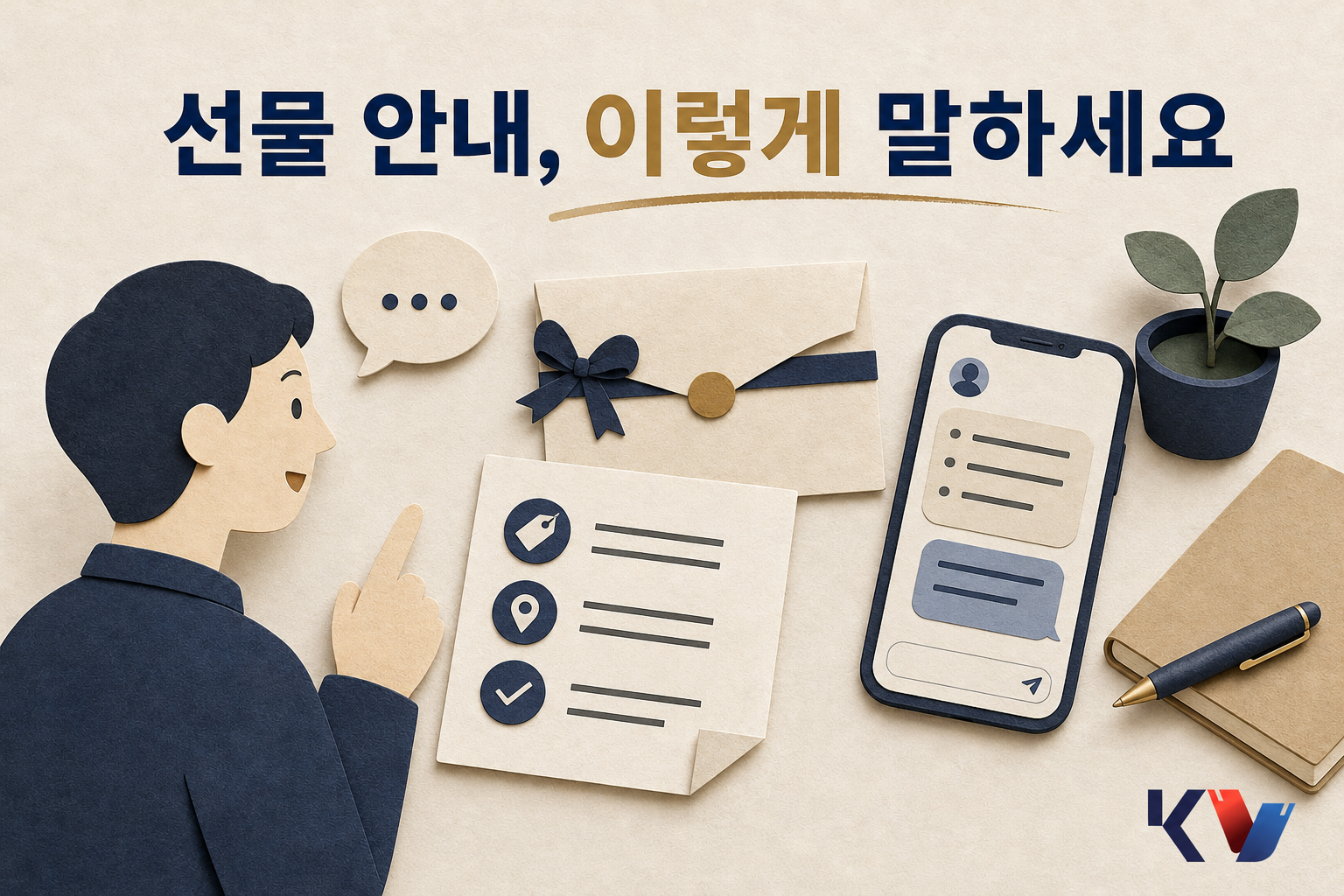 책상 위 선물 봉투 옆에 핵심 안내 메모와 문자 초안이 놓여 있고, 한 사람이 말로 전할 내용을 정리하는 장면