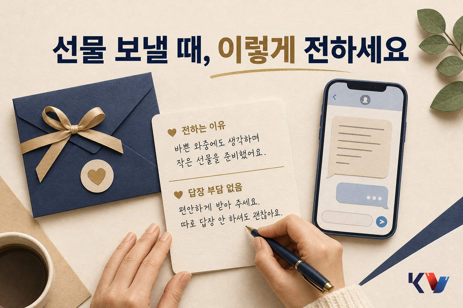 탁자 위에 선물 봉투와 메시지 초안이 놓여 있고, 한 사람이 이유와 답장 부담을 나눠 적으며 문구를 정리하는 모습