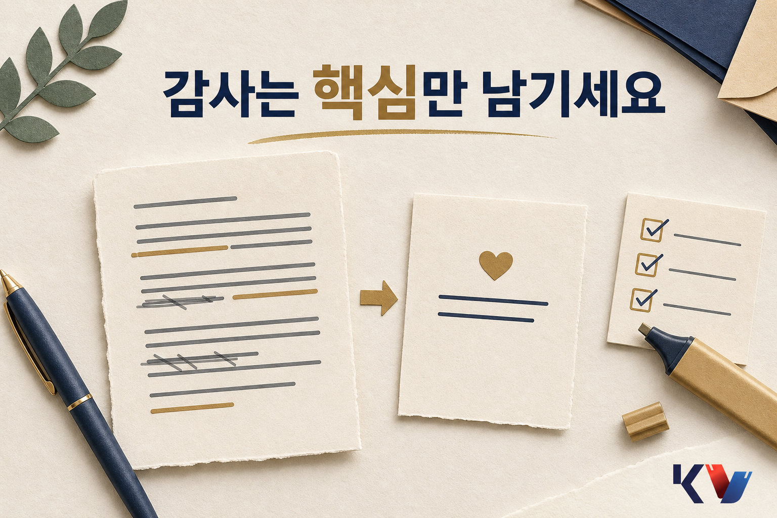 책상 위에서 긴 감사 인사 초안과 짧게 다듬은 문장을 나란히 두고 핵심만 남기며 비교하는 장면