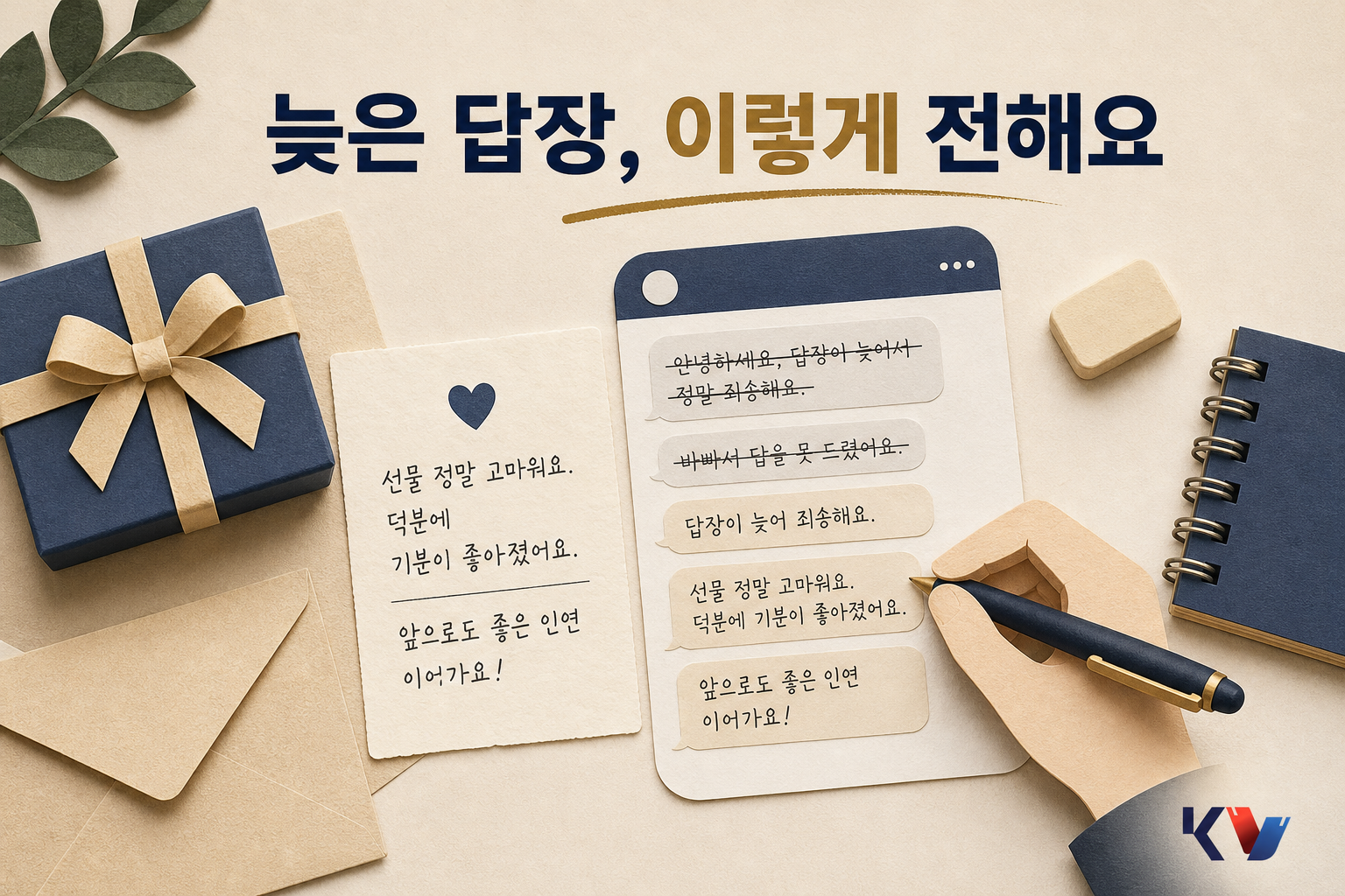 책상 위에서 늦은 답장용 감사 문장을 짧게 다듬는 모습으로, 수정한 메모와 문자 초안이 나란히 놓여 있다.
